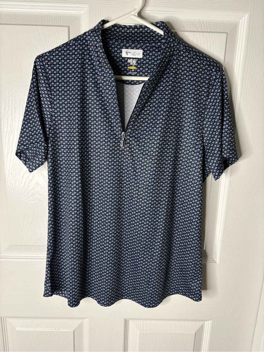 NWOT Greg Norman Navy Palm Tree Micro-Pattern Short Sleeve Zip Polo Golf Shirt